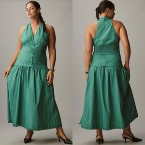 NWT Anthropologie, Maeve Halter V-Neck Drop-Waist Dress, Green – Size 3X